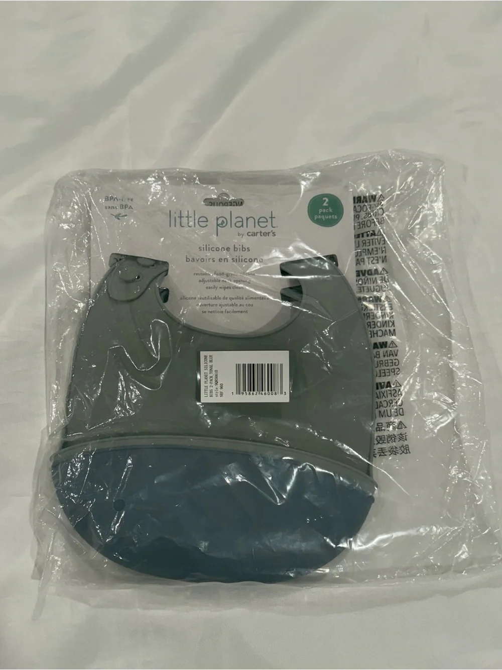NWT Little Planet Carter's Silicone Baby Bibs (SET of 2: Gray and Blue)